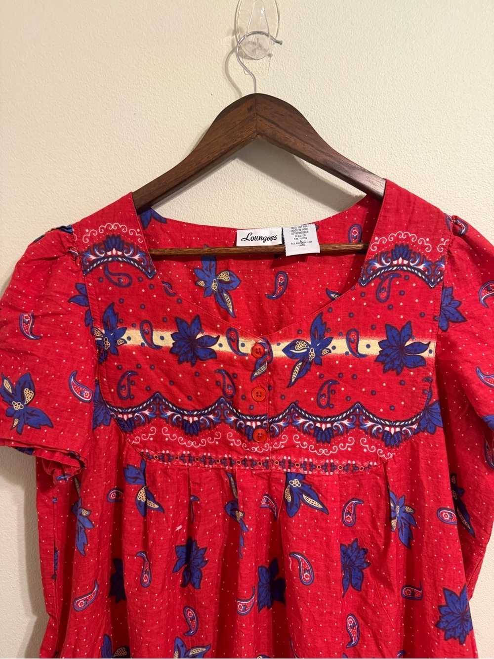 Loungees Retro Red Paisley Floral Cotton Dress Size Large With Pockets Boho - Picture 4 of 8